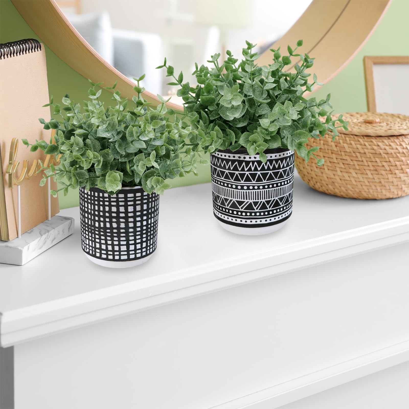 Set of 2 Small Potted Plants Artificial Eucalyptus Plant in Black Geometric C…