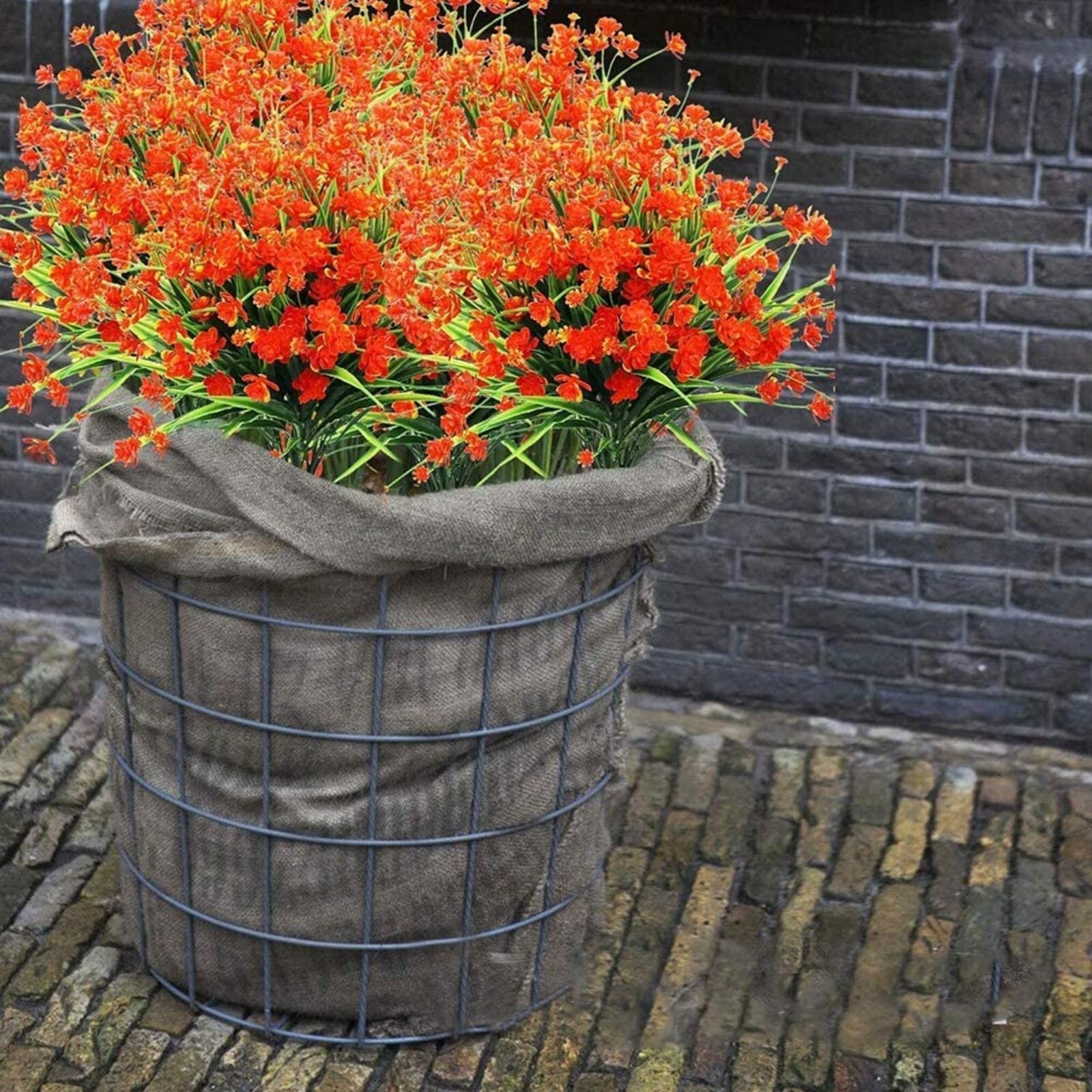 12 Bundles Outdoor Artificial Fake Flowers UV Resistant Shrubs Plants Orange Red
