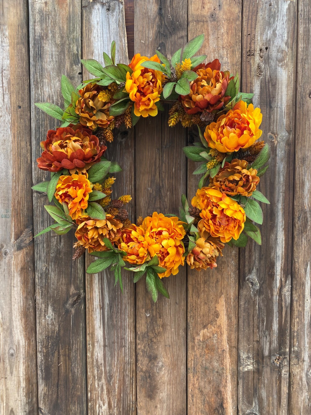 Autumn colored Floral Wreath, 18″ base measuring 20-24″. Free Shipping.