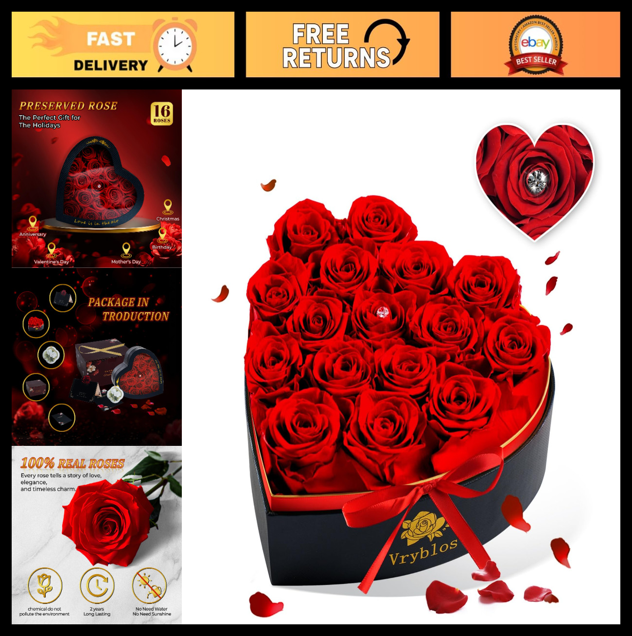 Heart-Shaped Box of 16 Preserved Red Roses – Real Immortal Flowers for Gifts, Ho
