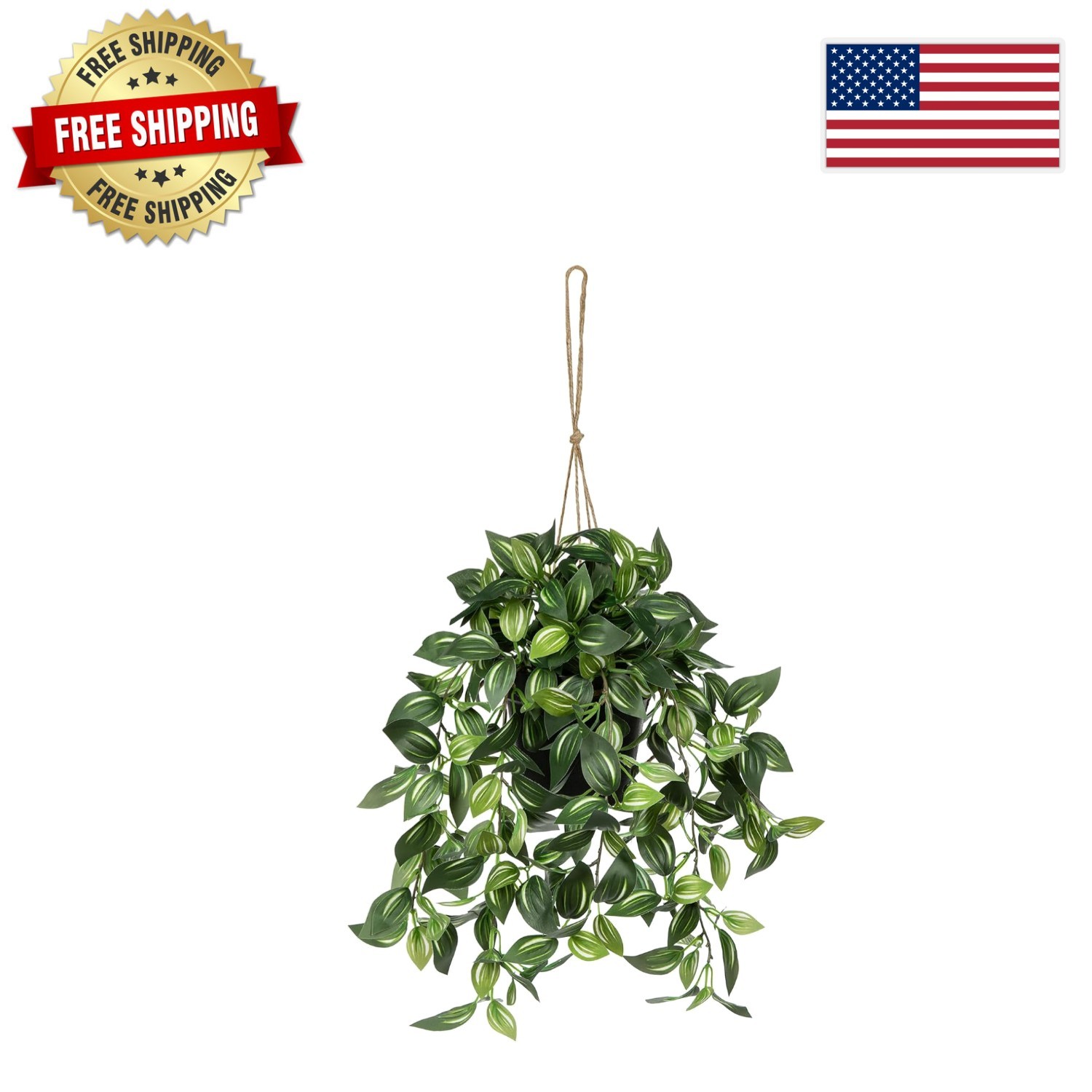 Lifelike 17.7″ Faux Watermelon Peperomia Hanging Plant in Black Pot – No Upkeep