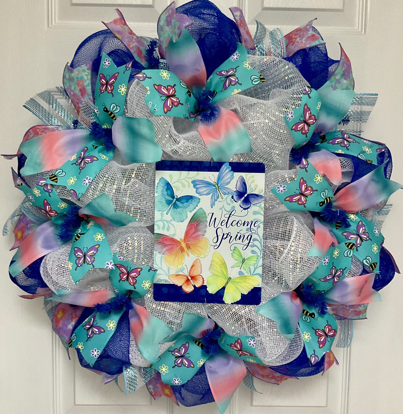 Welcome Spring Butterfly Wreath Handmade Deco Mesh Wreath