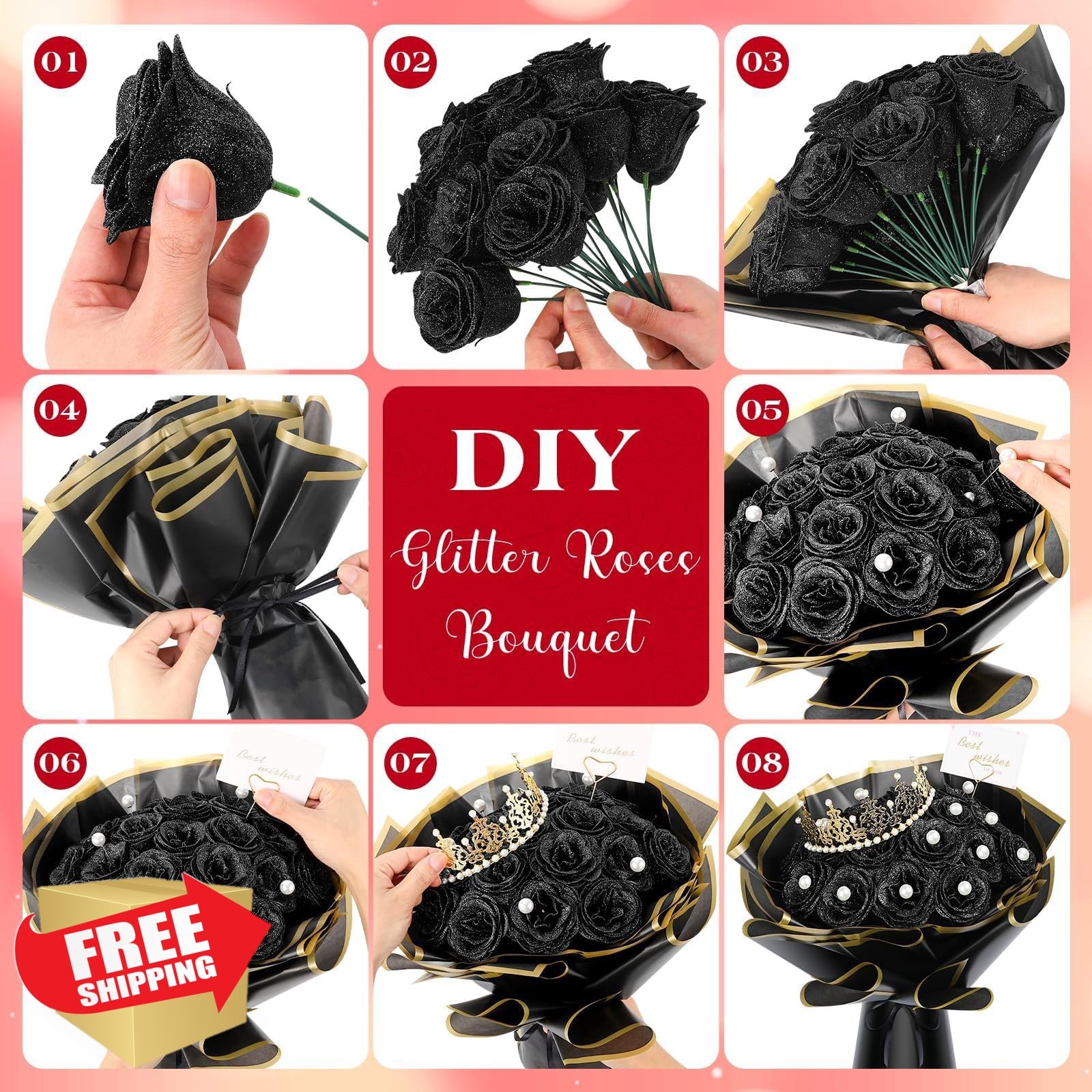 TLY Black Glitter Roses Bouquet 36pc Artificial Flowers DIY Gift
