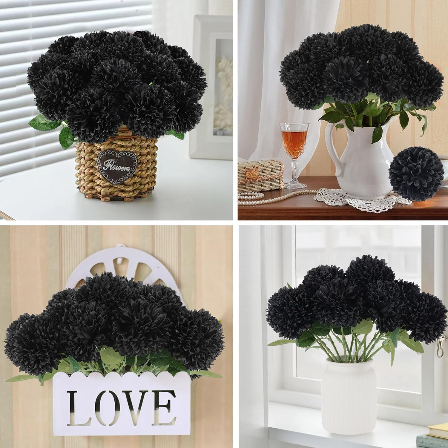 12 Pcs Artificial Chrysanthemums Flowers Ball Flower, Fake Mums Flowers Black Si