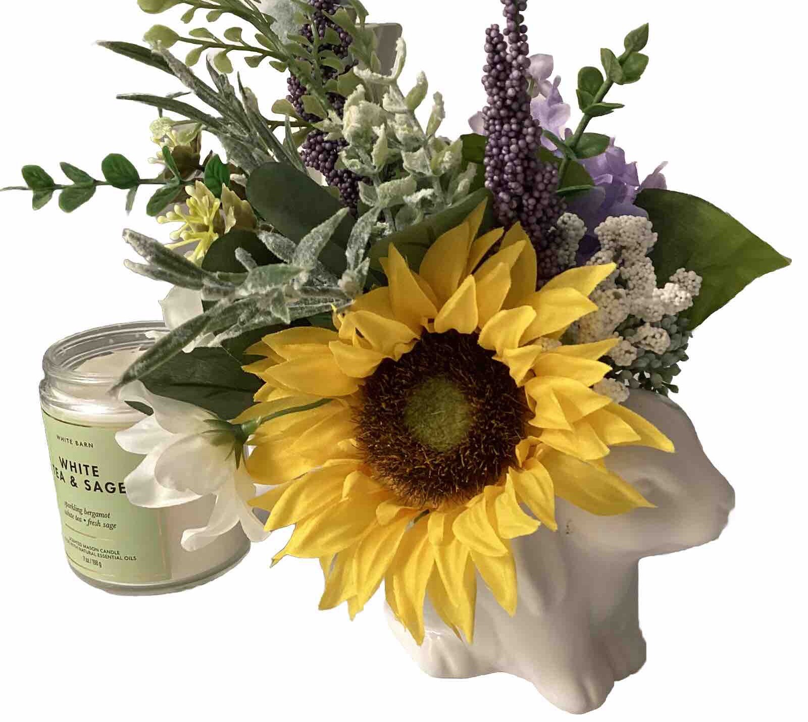 Cottage Ceramic Bunny Floral Decor “French Countryside” Sunflowers & Lavender