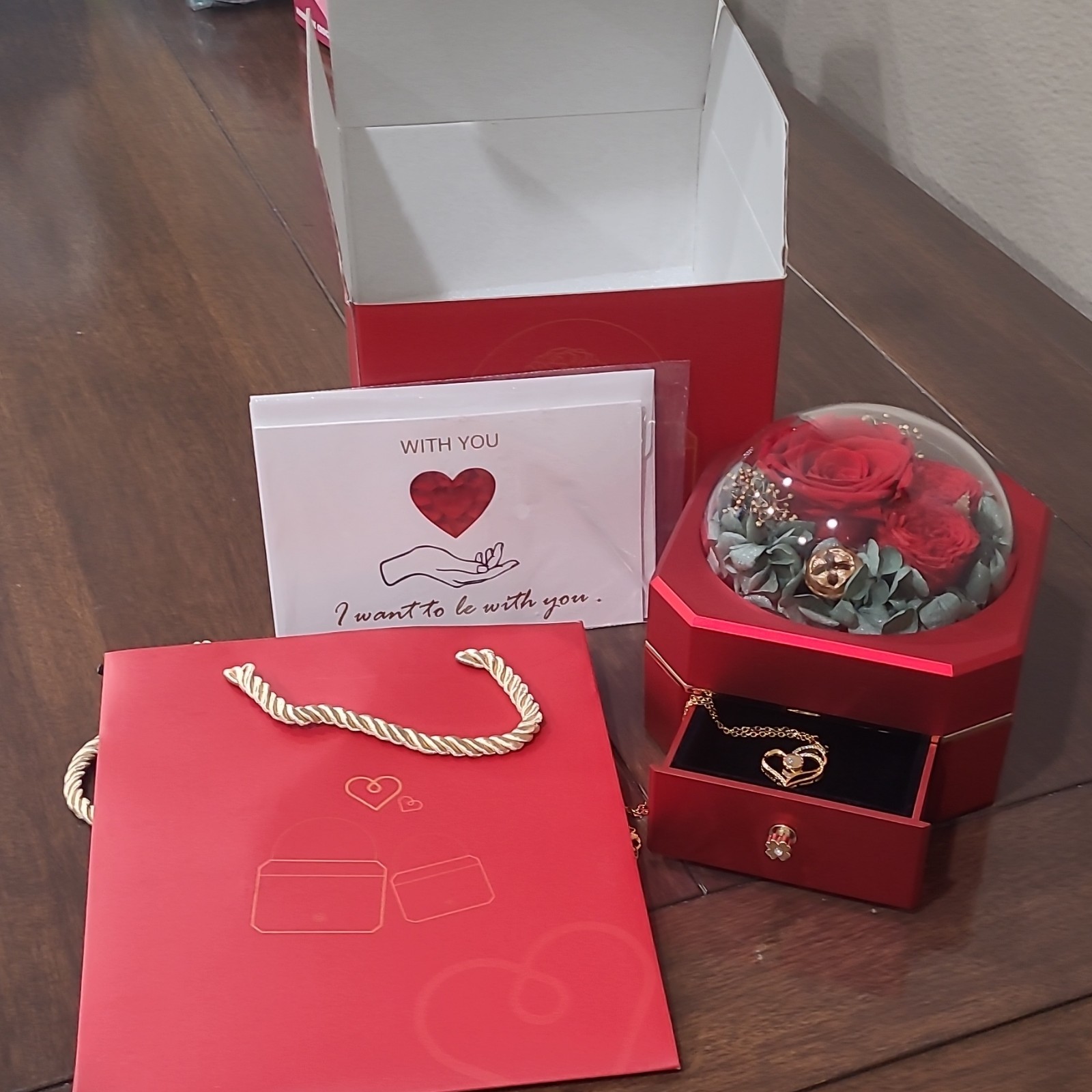 Preserved Red Rose Flower Arrangement & Centerpiece in Gift Box with Dome