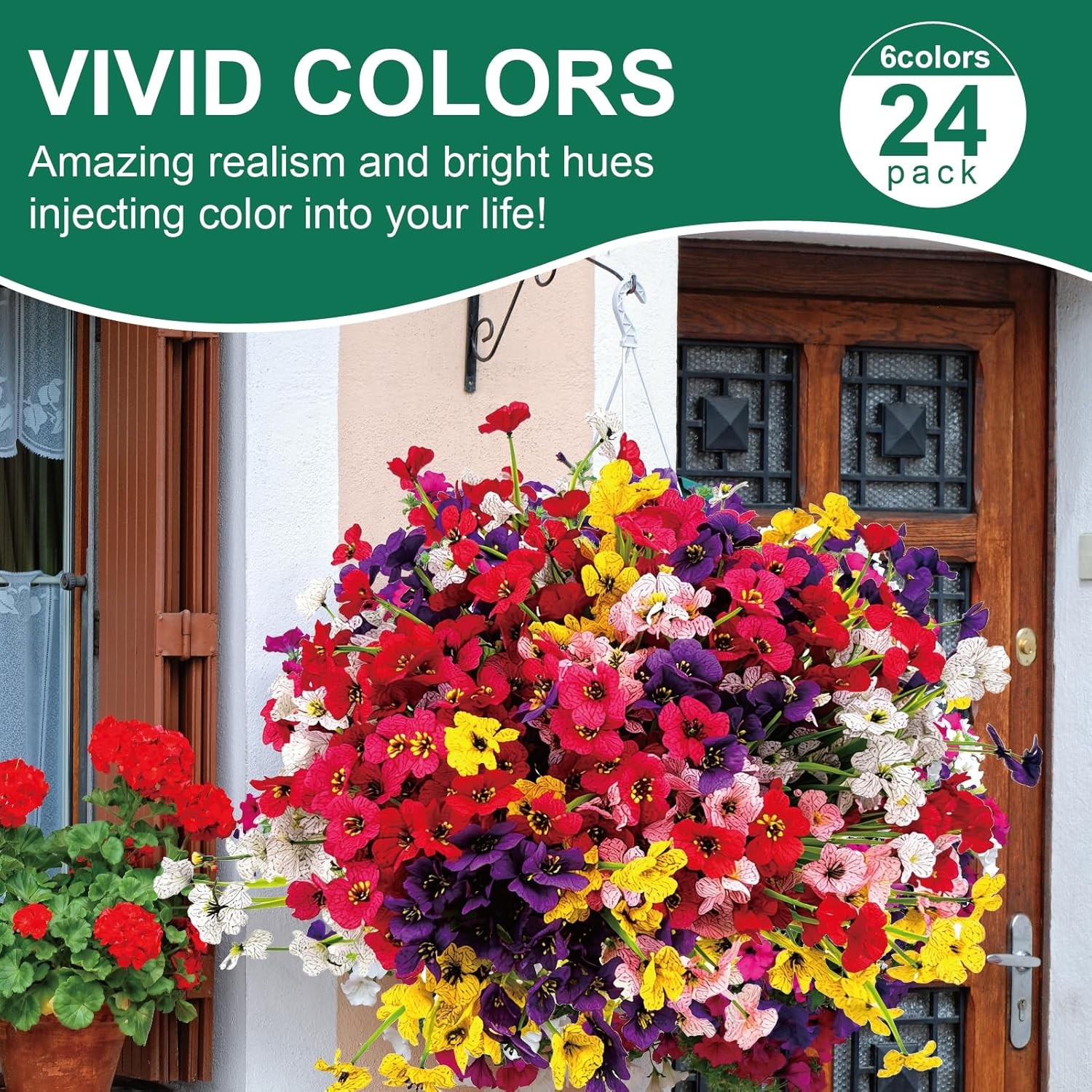 24 Pcs (6 Color) UV Resistant Outdoor Artificial Faux Flowers Plants Realistic P