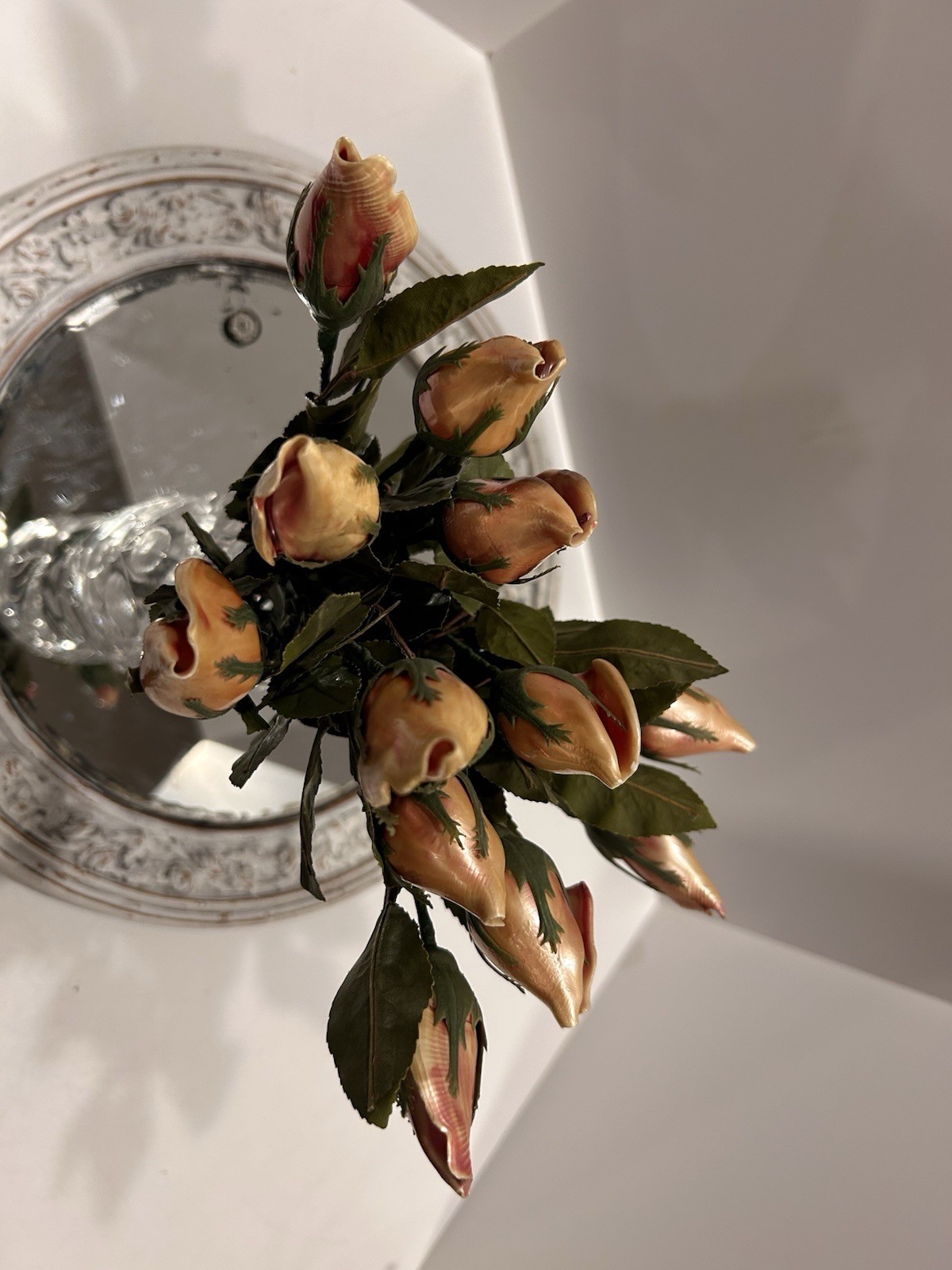 Handmade Hand Painted Long Stem Sea Shell Rose Buds Realistic Bouquet 12