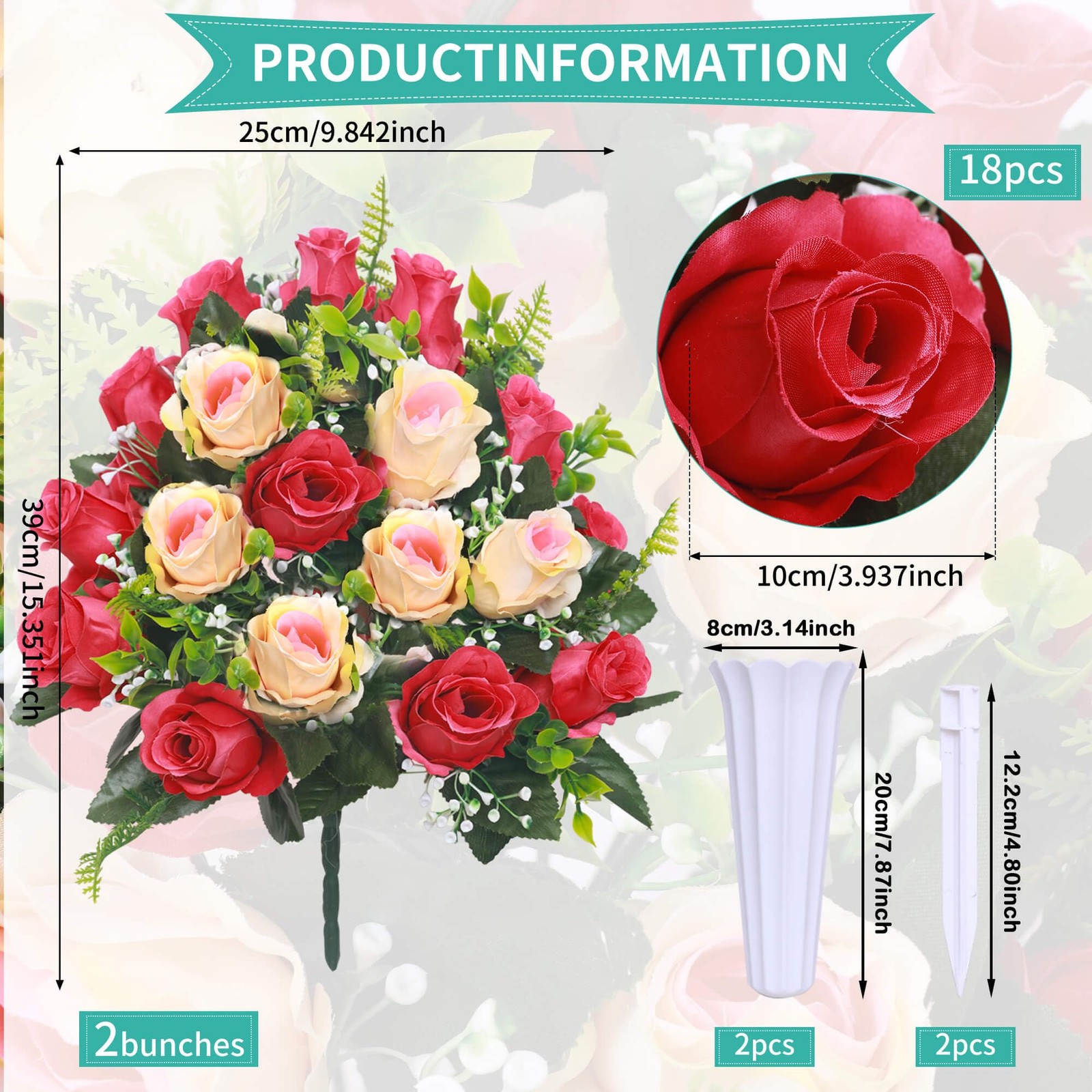 Lodou Artificial Cemetery Flowers,Set of 2 Grave Decorations Roses, Tombstone Me