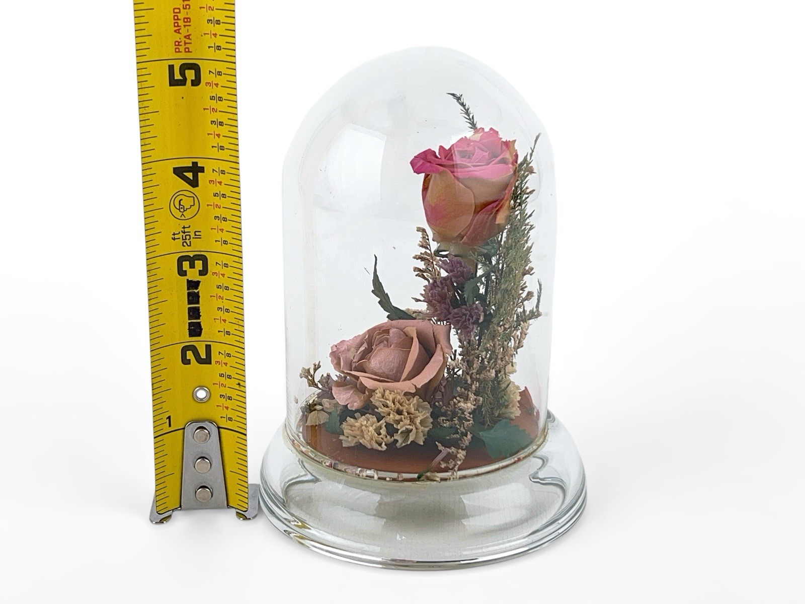 Vintage Dried Pink Rose Flower Arrangement Preserved in 5″ Glass Dome