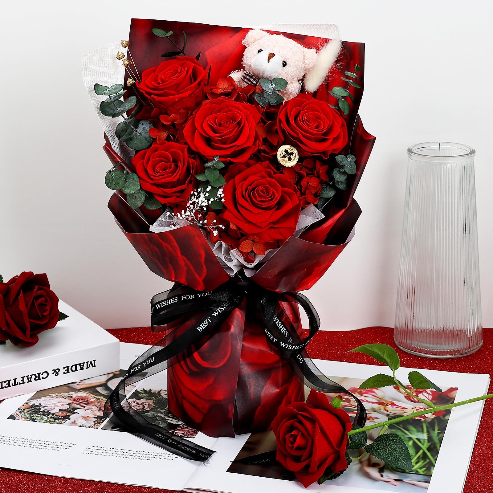 5 PCS Red Preserved Flowers Real Roses Bouquet Bear Gift Box Anniversary