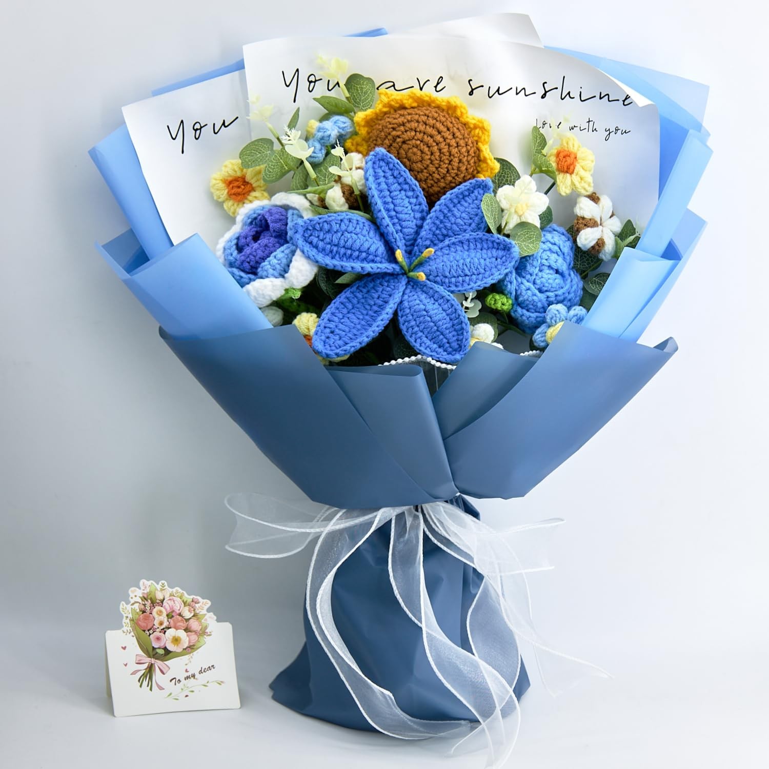 Crochet Flowers, Blue Crochet Flower Bouquet with 14 Knitted Flowers Sunflowe…