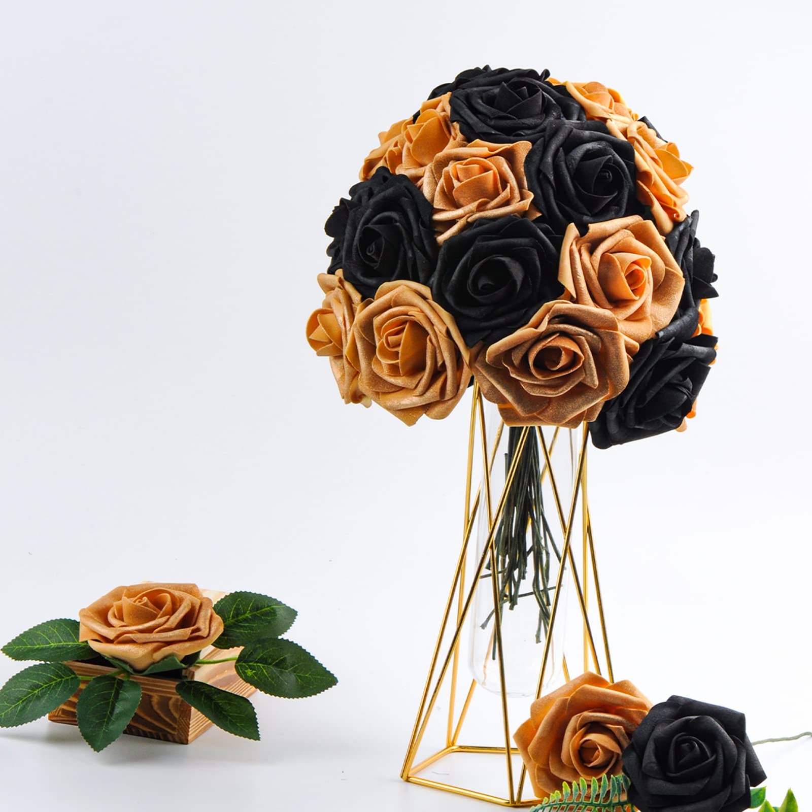 50 Pcs Black Gold Roses Artificial Flowers Wedding Centerpiece Baby Shower
