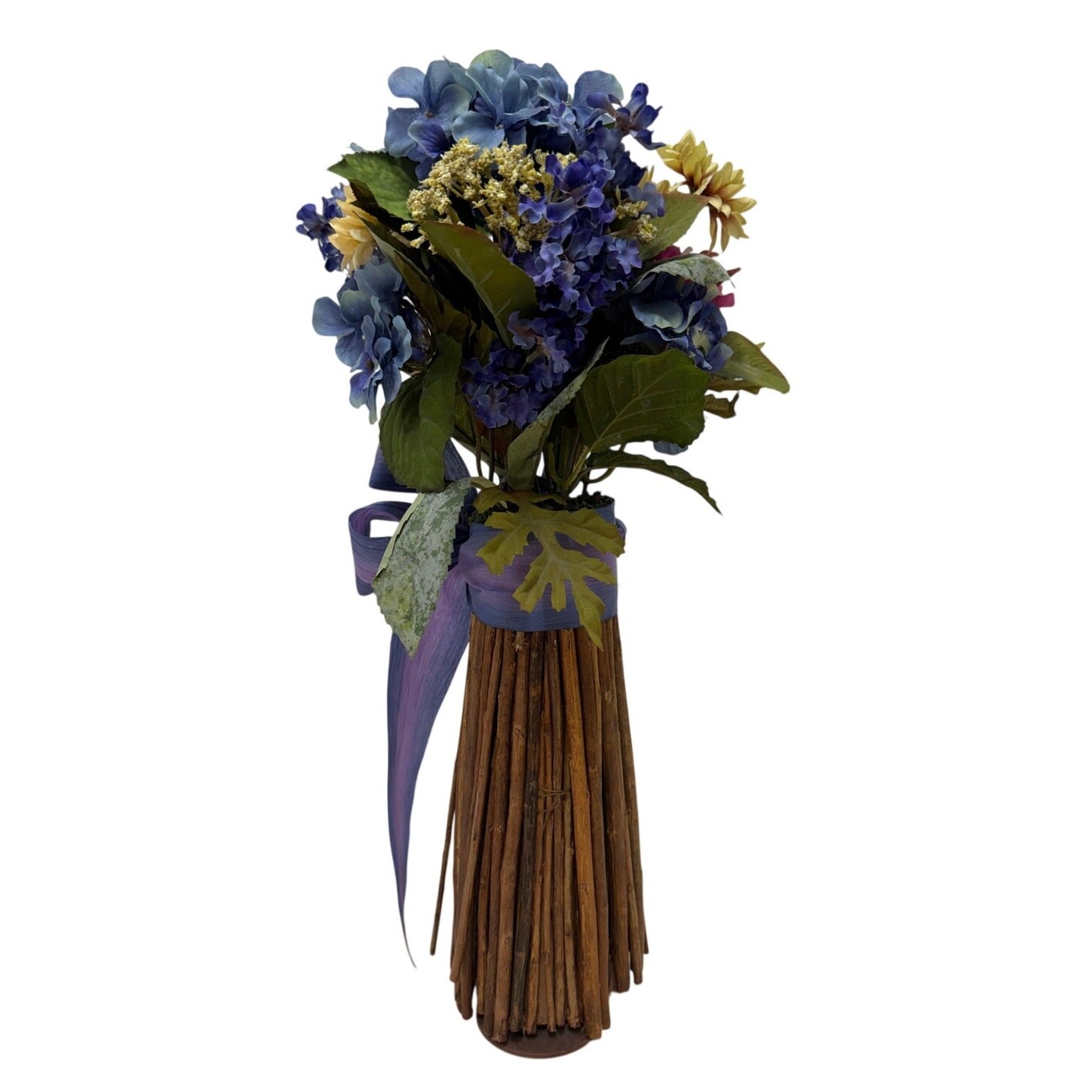 Rustic Twig Vase Floral Arrangement Purple Blue Decor