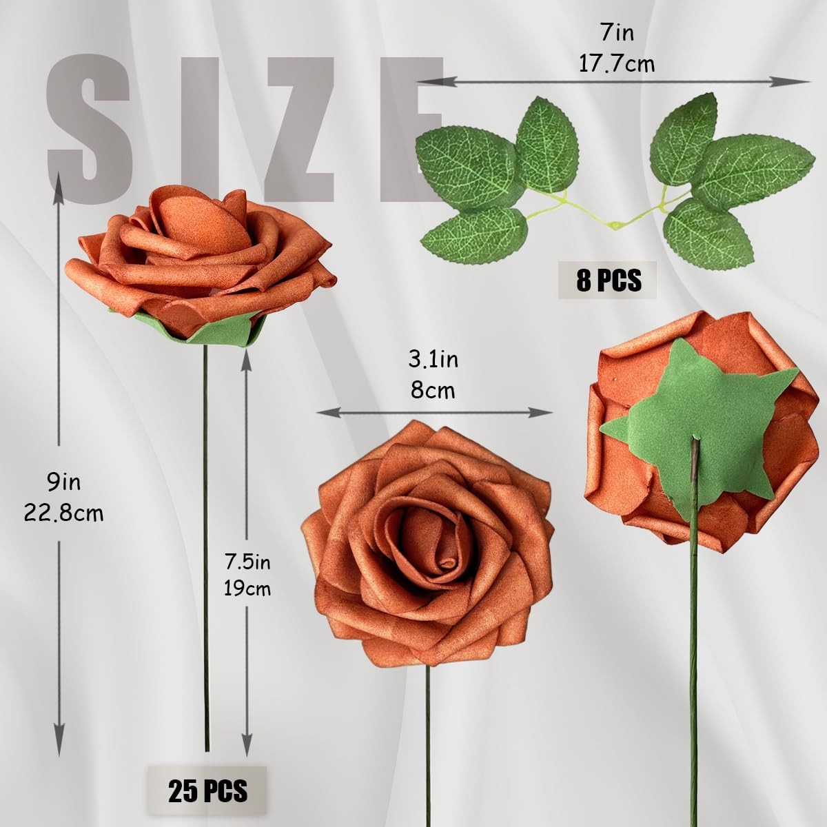 25pcs Artificial Flowers Burnt Orange Foam Fake Rose with Stems 8 Leaves Real…