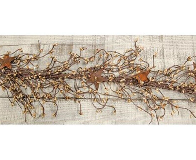 NEW Pip Berry Garland w/ Rusty 2″ Stars TEASTAIN BERRIES 40″ Primitive Craft