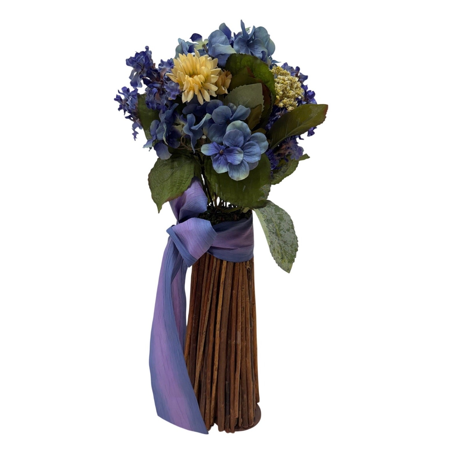 Rustic Twig Vase Floral Arrangement Purple Blue Decor