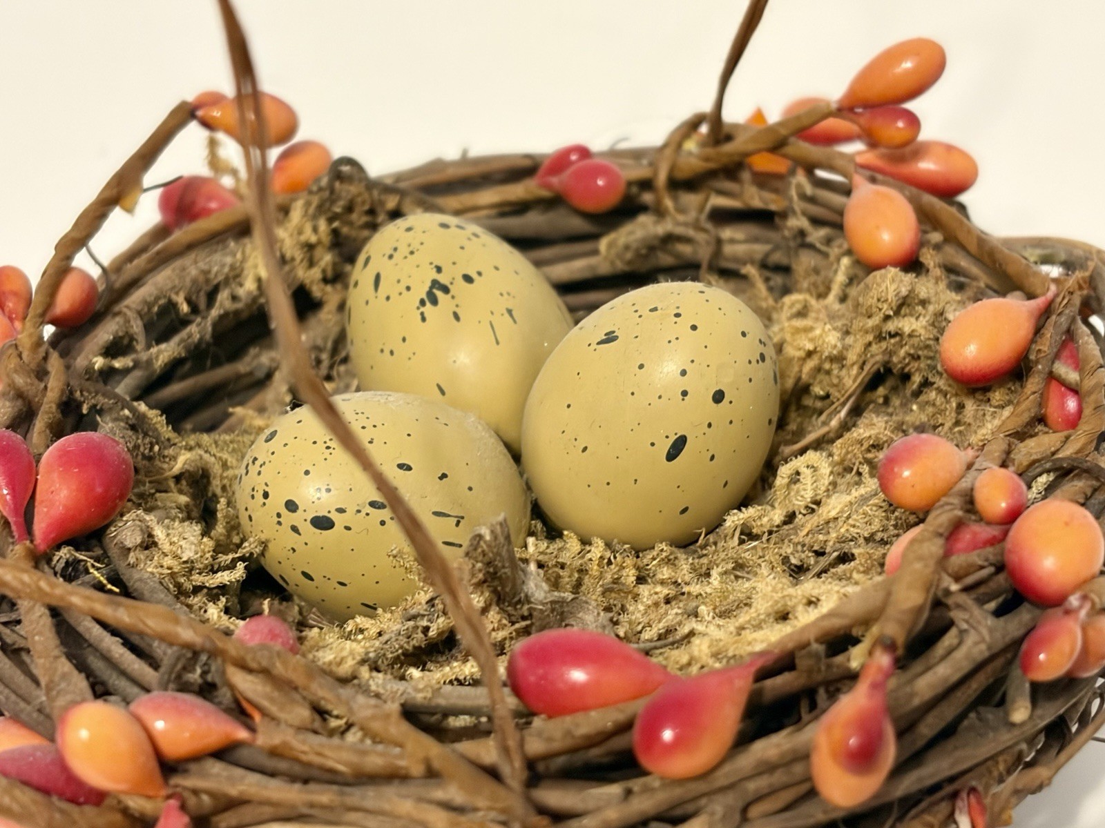twig bird nest basket featuring faux eggs, , and moss Easter Decor Eggs Nest Vtg