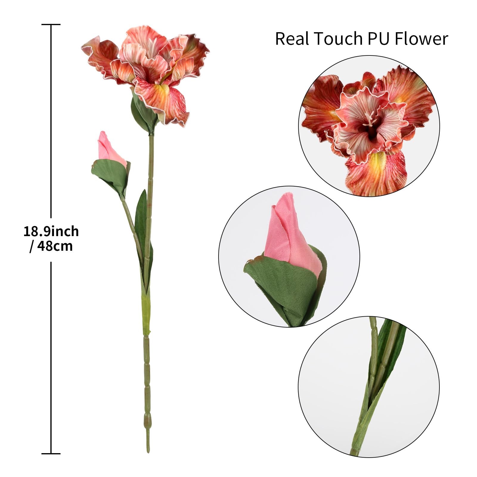 5 PCS Iris Artificial Flower Real Touch PU Faux 17.7 Inch Orange Bouquet