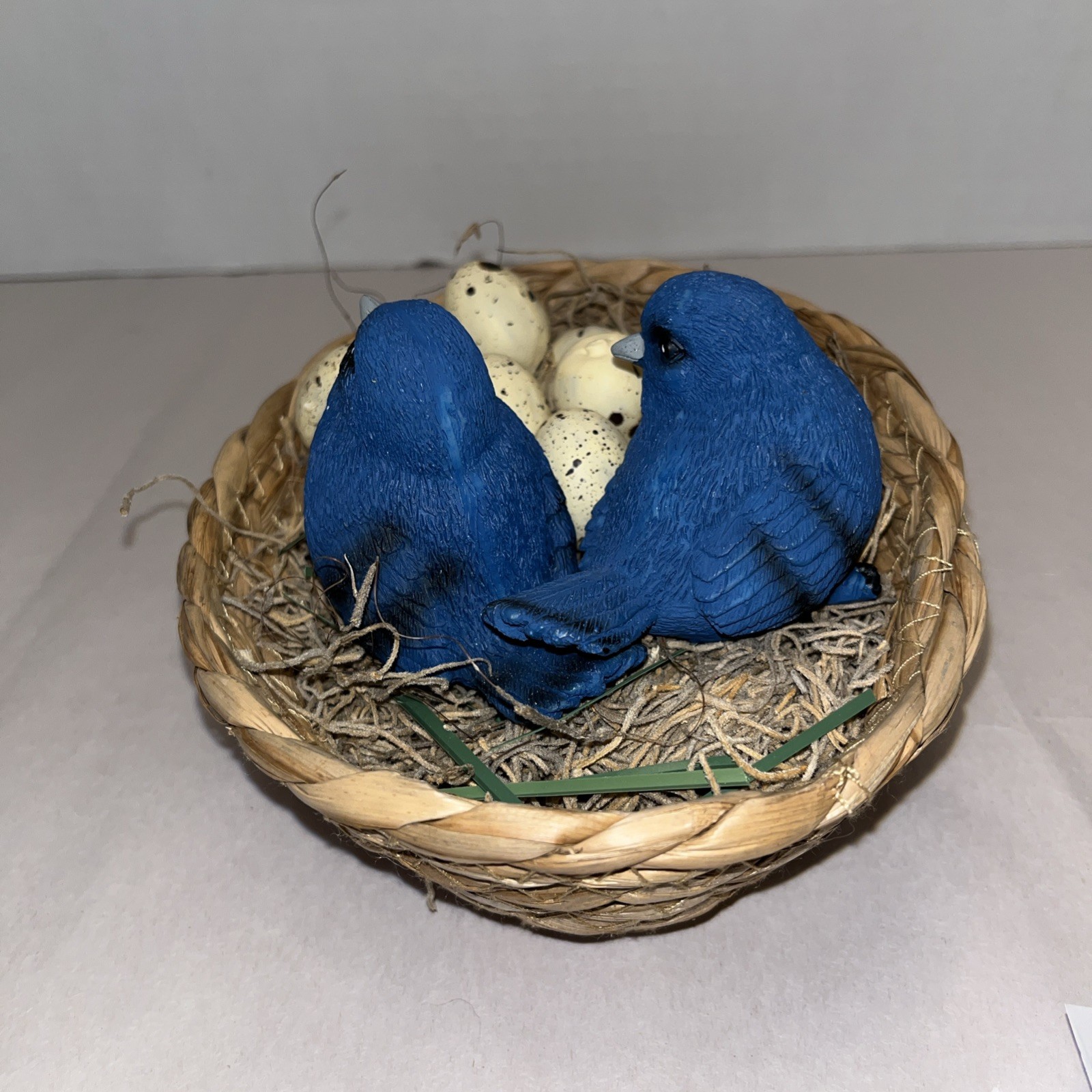 Vintage Decorative Bird Nest Basket W/Blue Birds & Speckled Eggs-Rustic Cottage