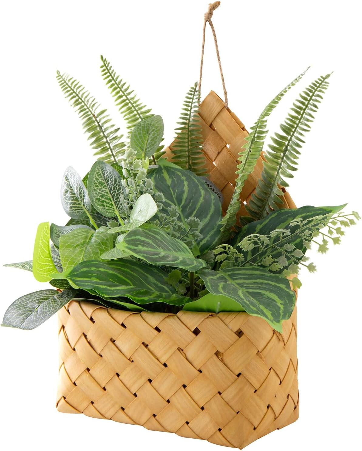 new in box MyGift Artificial Greenery Arrangement in bamboo basket wall hanging