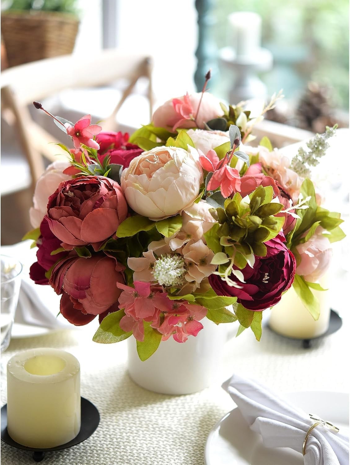 Romantic Pink Red Silk Peonies Hydrangeas