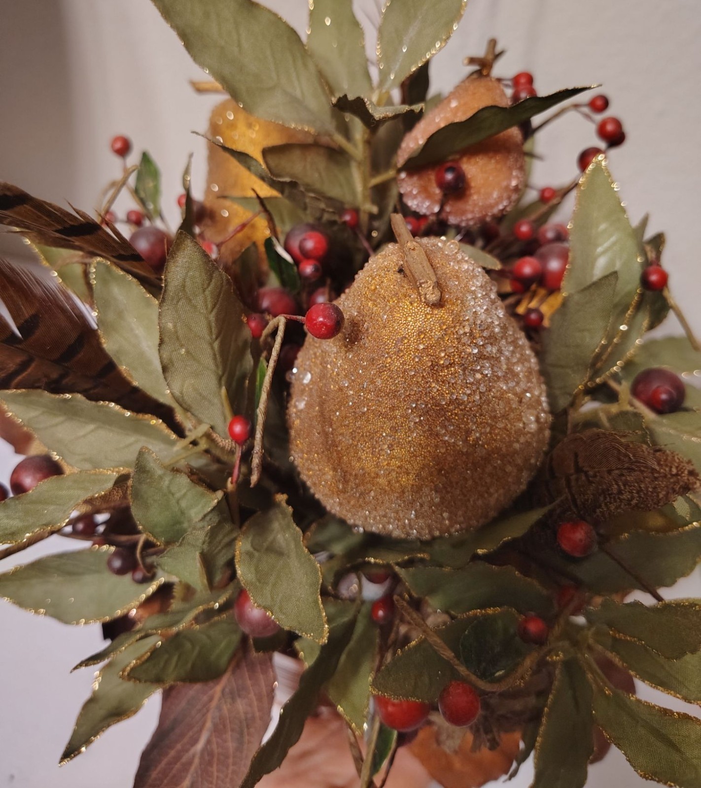 Fall Winter Table Arrangement, Dried Leaves, Beaded Pear Pinecone Turkey Feather