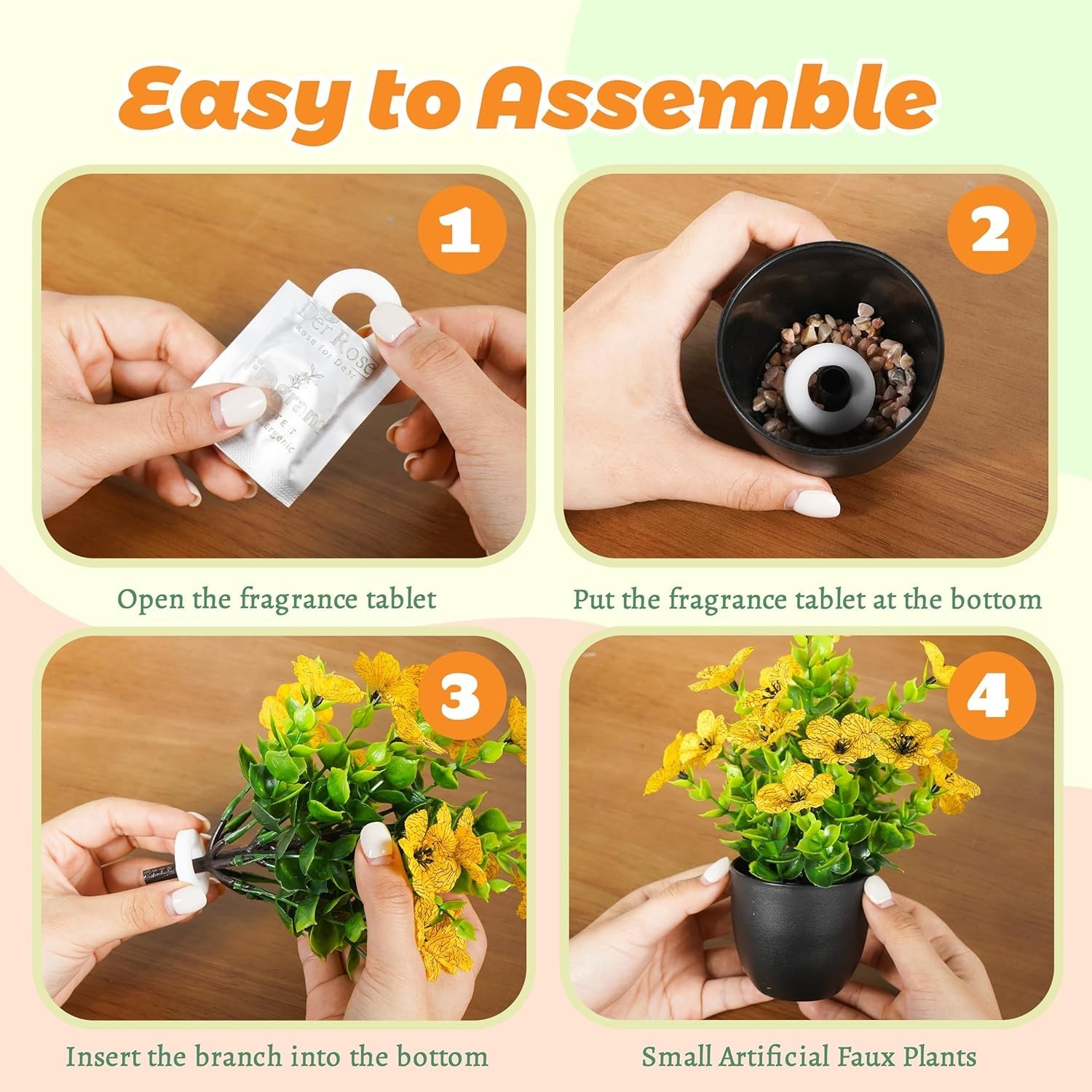 4 Pack Small Fake Plants Fragrance Discs Faux Flowers Black Pots Decor