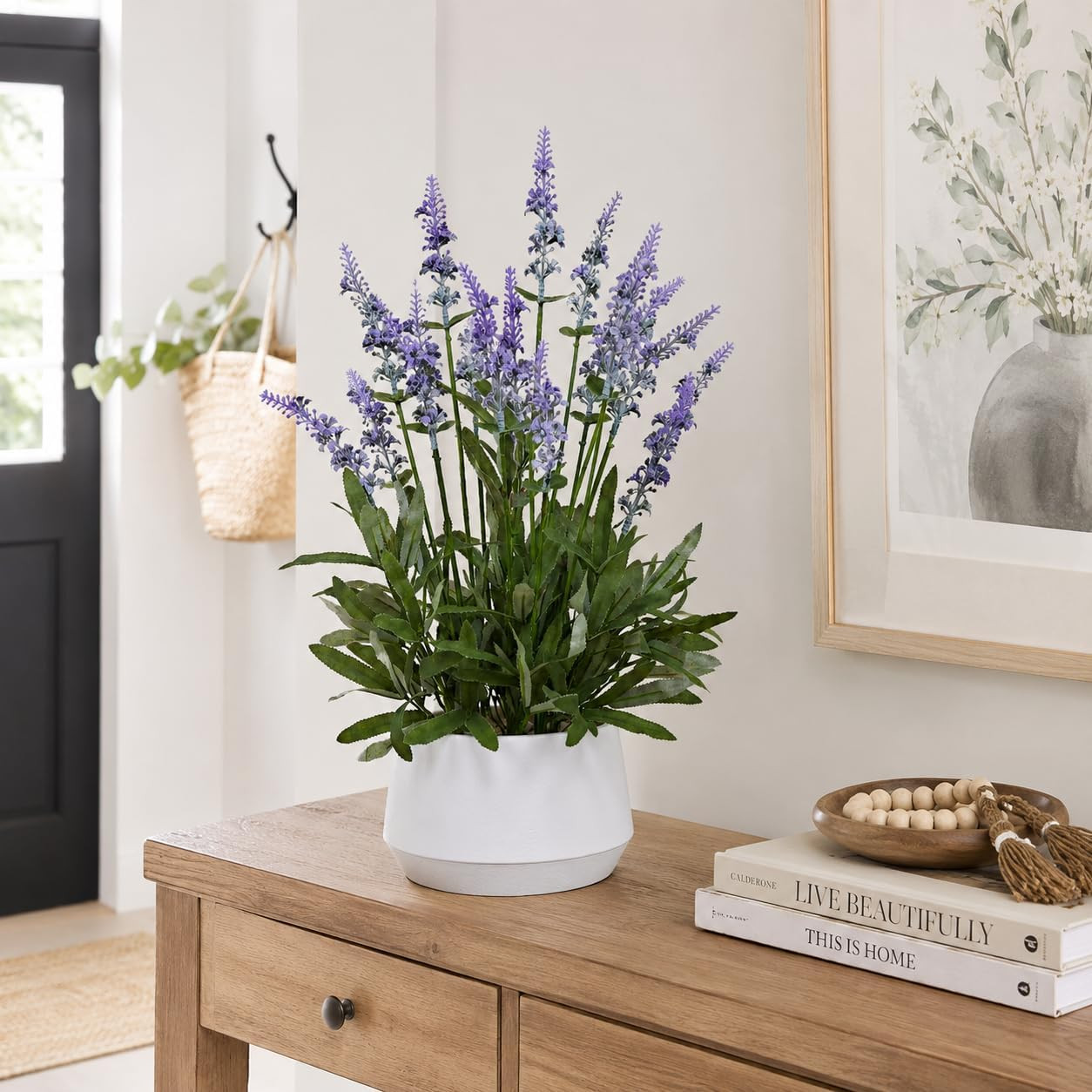 18″ Artificial Lavender Plant in White Pot – Realistic Home Decor