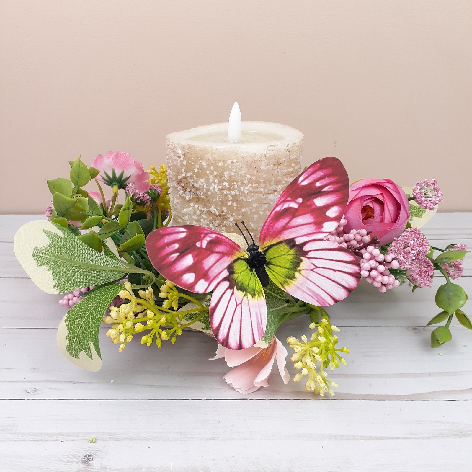 Floral Candle Ring Blushing Butterfly Garden Pink Flowers 4″ inside