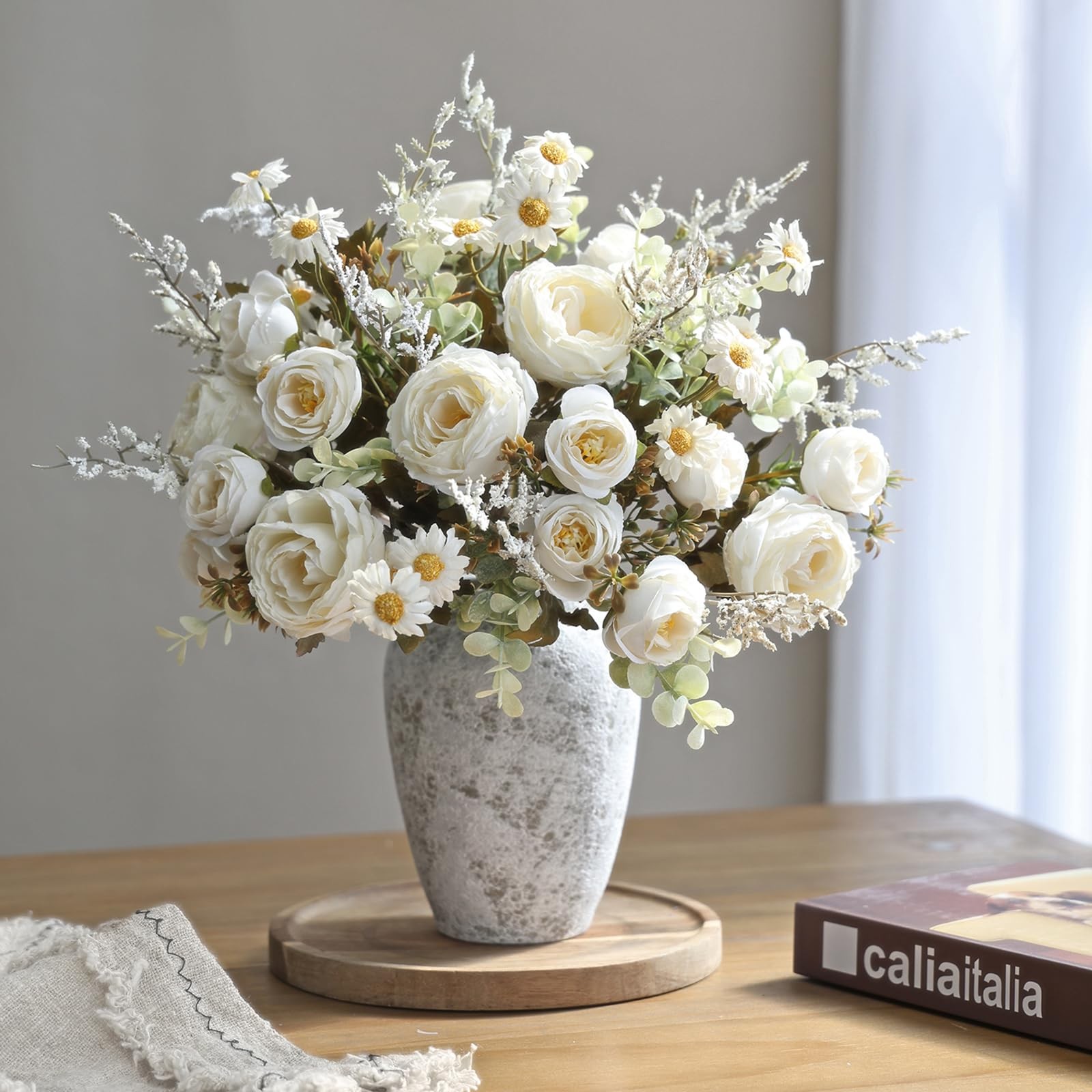 Fake Roses Artificial Flowers 6 Pack White Roses Artificial Flowers for Decor…