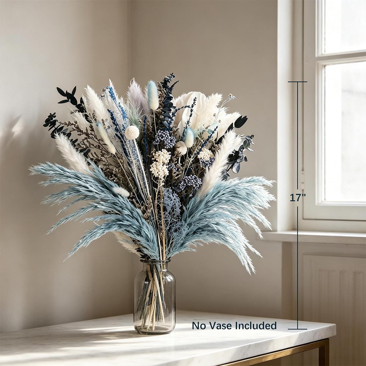 Dusty Blue Pampas Grass Arrangement, Blue and White Dried Flower Bouquet with…