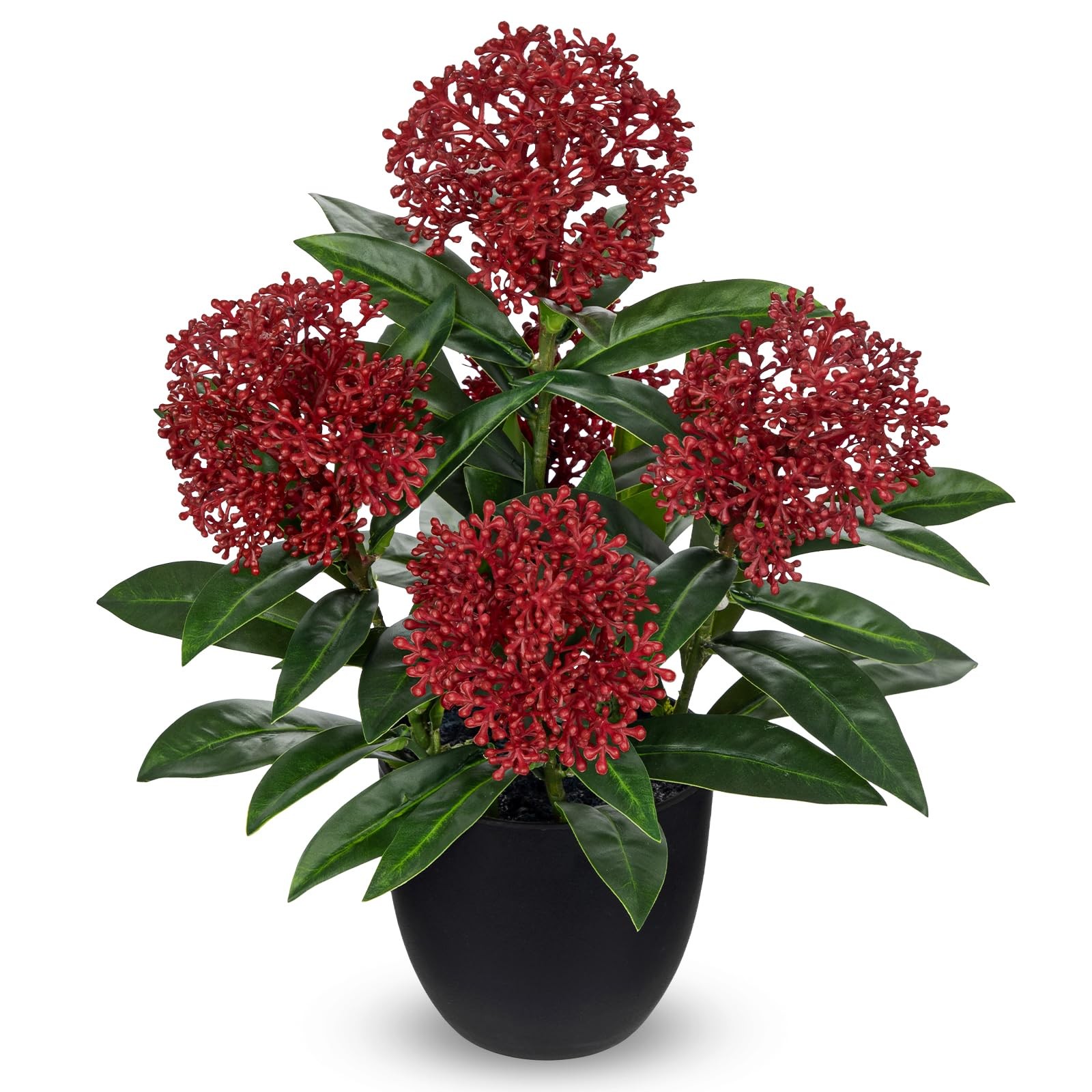 Red Artificial Potted Flowers 14.2 Inch Faux Skimmia Japonica Silk Floral