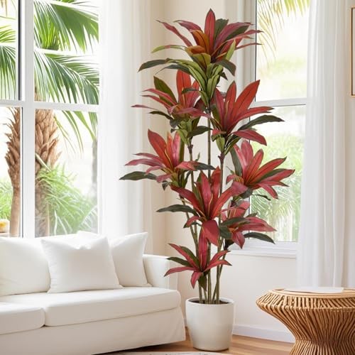 Artificial Dracaena Tree 7ft Tall Large Faux Silk Red Leaves