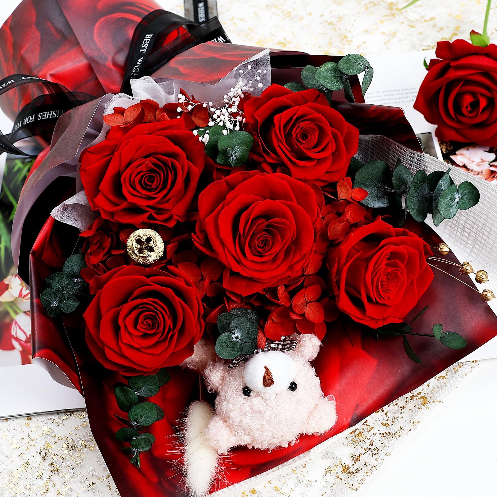 Red 5 Real Roses Preserved Flowers Bouquet Bear Gift Box Anniversary Women