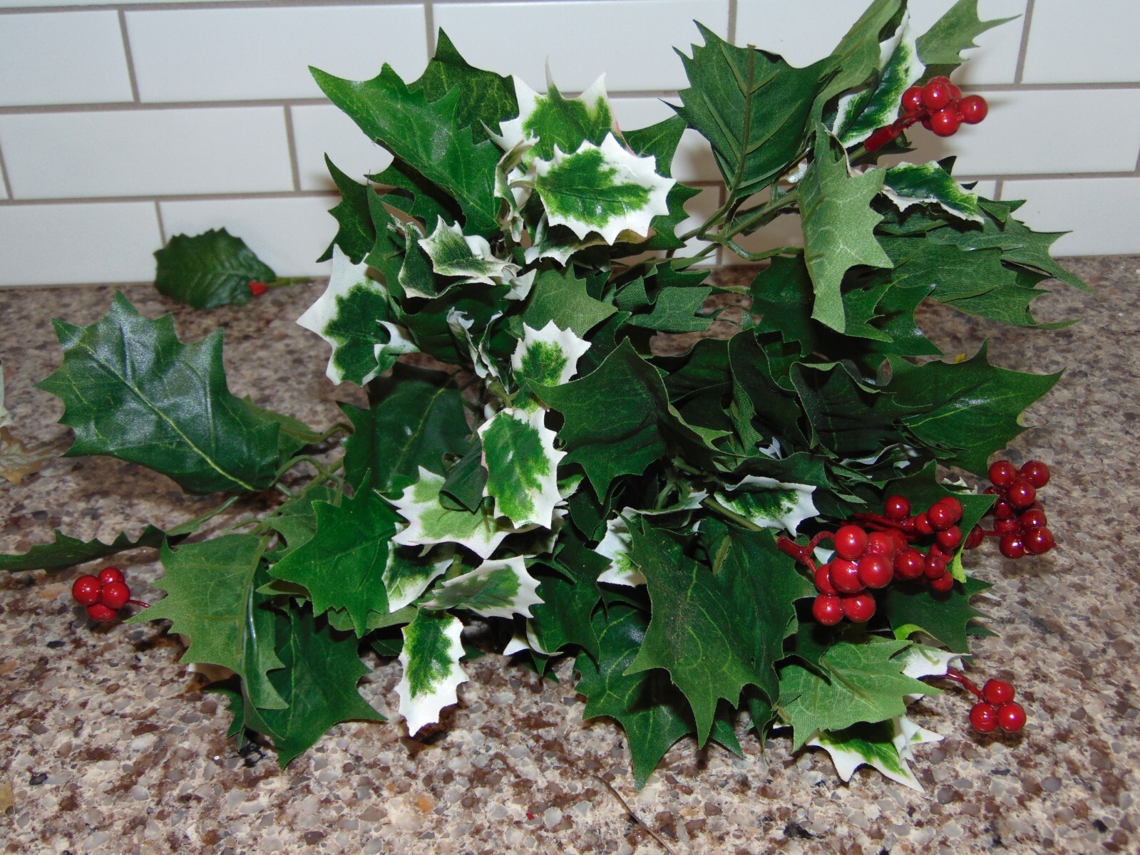 Lot of 8 Bunches Stems Holly Berry Bush Christmas Decoration Silk 17-30″