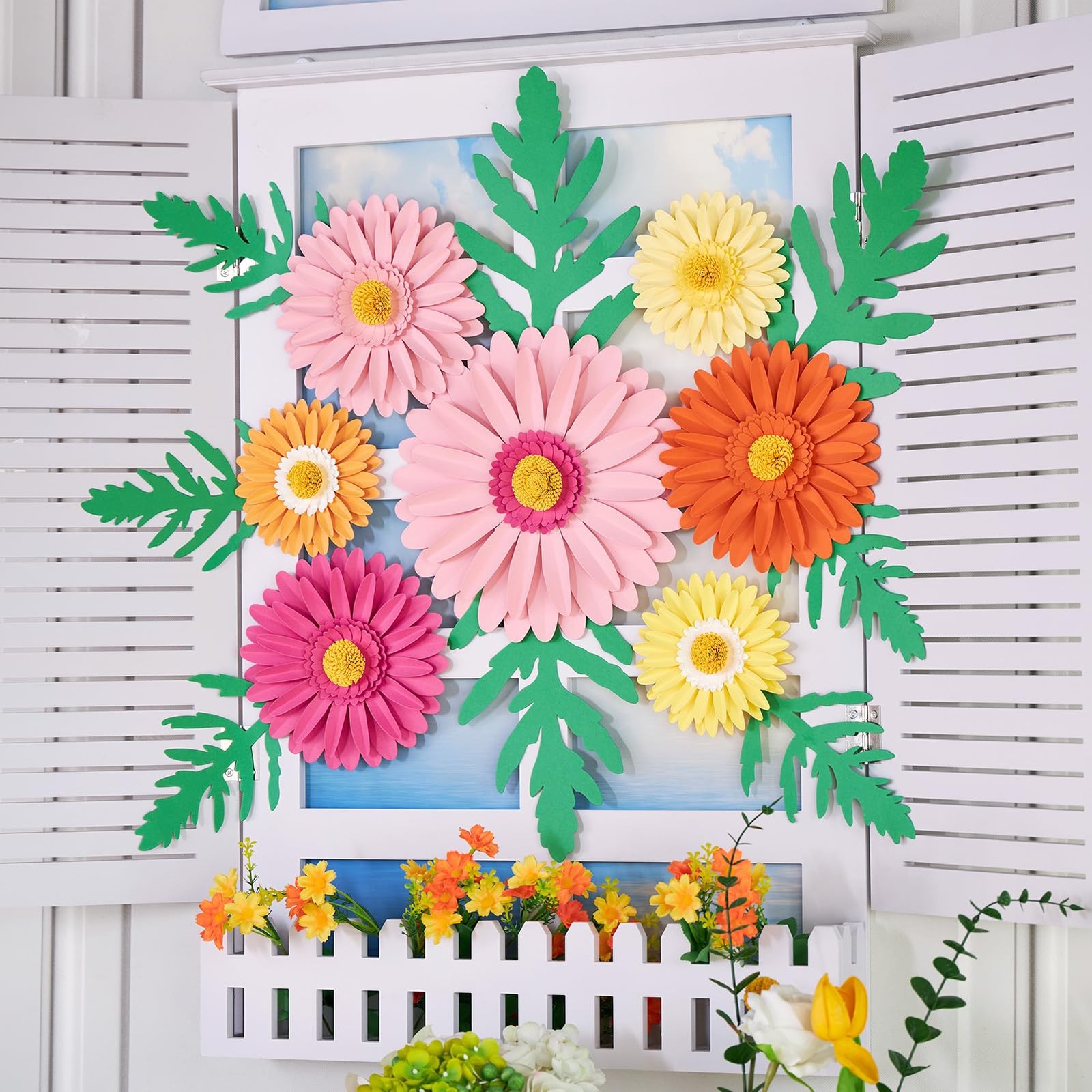 3D Paper Flowers Daisy Wall Decor Set Pink Orange Green Leaves 17pc 10in Large