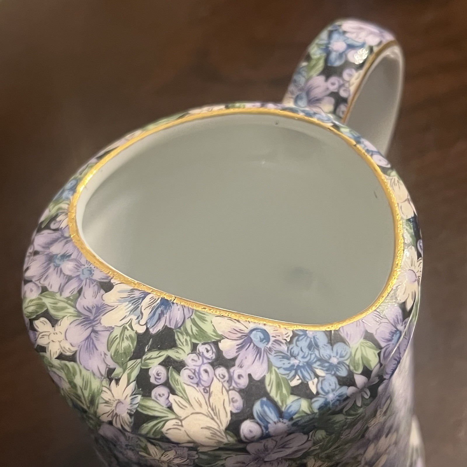 Porcelain Watering Can Two’s Company Mollie Blue Purple Chintz Floral Gold 4”