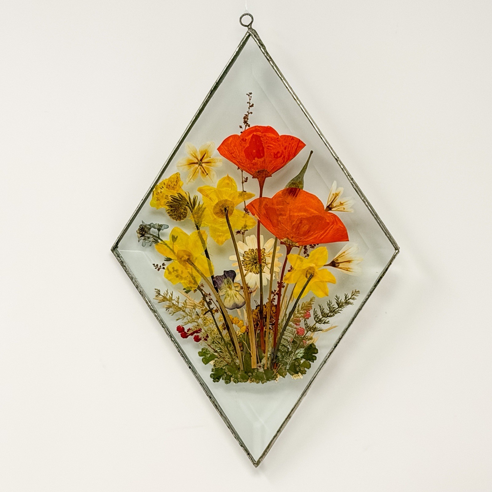 Vintage Pressed Flower Glass Suncatcher Hanging Panel Soldered Metal Frame 6×9