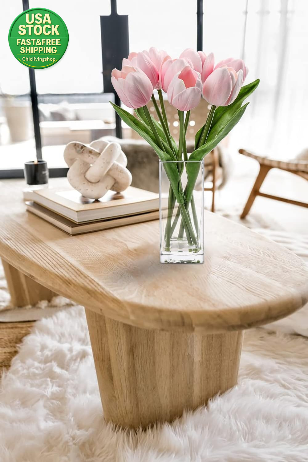 Artificial Tulip Flowers Pink Real Touch Foam Arrangement in Clear Vase 13.5In