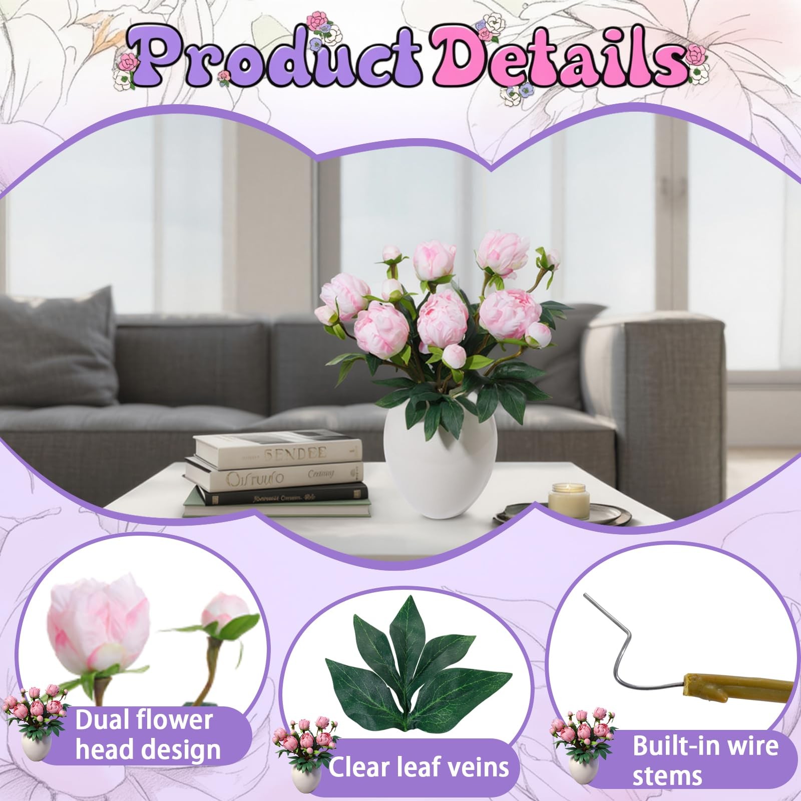 6PCS Pink Peonies Artificial Flowers, Realistic 2 Heads Silk Peonies with Ste…