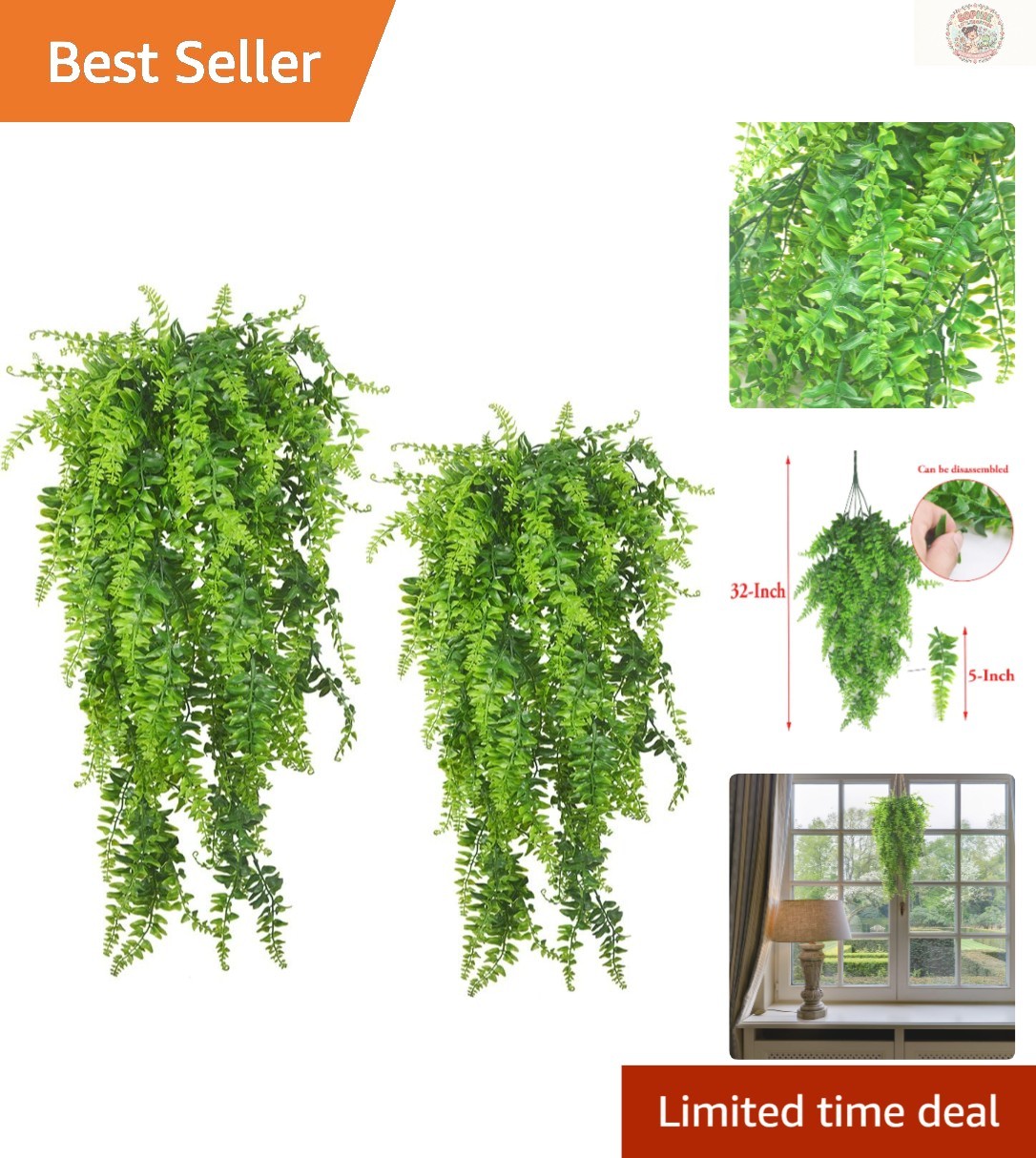 Lifelike Artificial Hanging Ferns – 2PCS UV Resistant for -Round Beauty