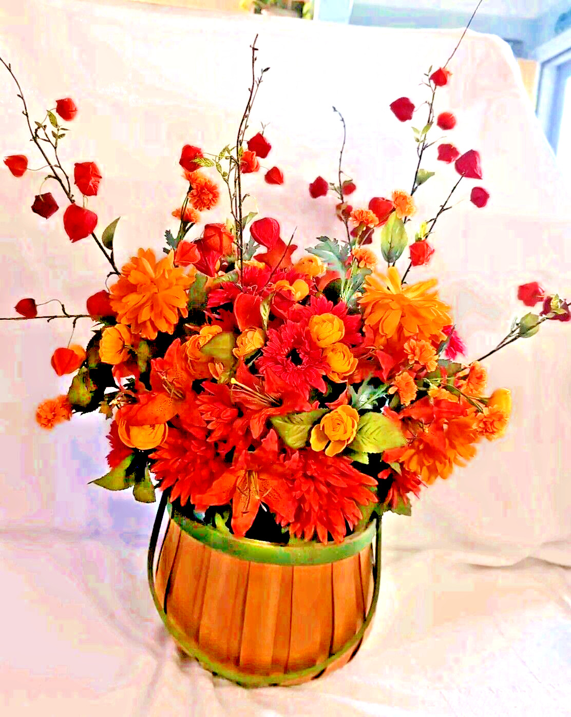Large Fall Floral Arrangement Centerpiece In Rustic Wood Basket 33″ H X 20″ W
