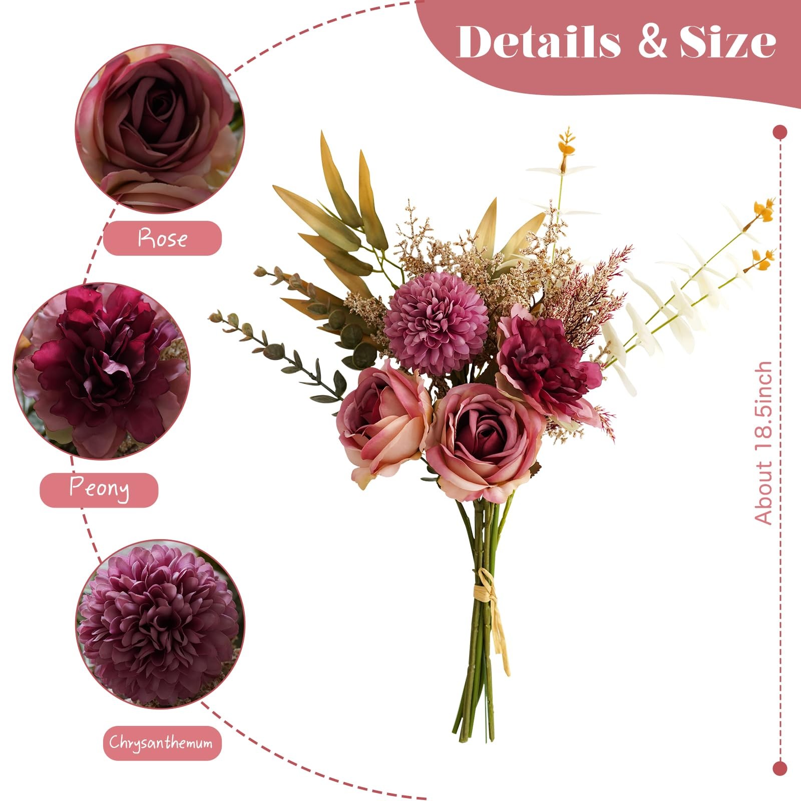 Red Artificial Flowers Bouquet Faux Silk Hydrangea Rose Arrangement 1 PCS