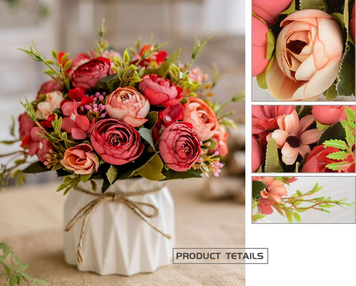 TKAS Artificial Flowers Fake Flowers Silk Rose Bouquet w/ Ceramic Vase Red Bud