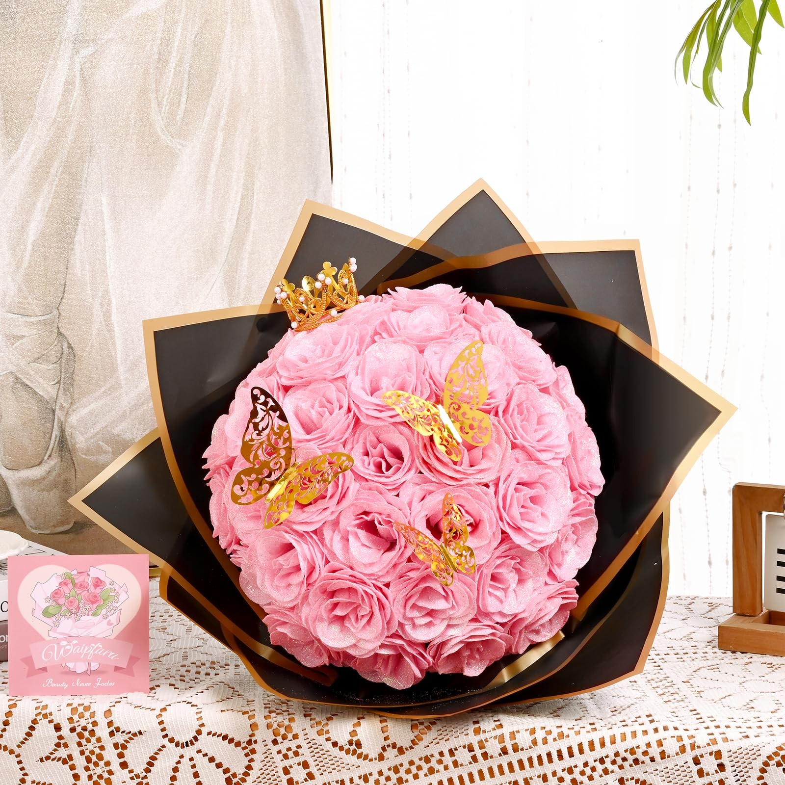 24 Roses Pink Glitter Roses Bouquet DIY Fake Flowers Bouquet Everlasting
