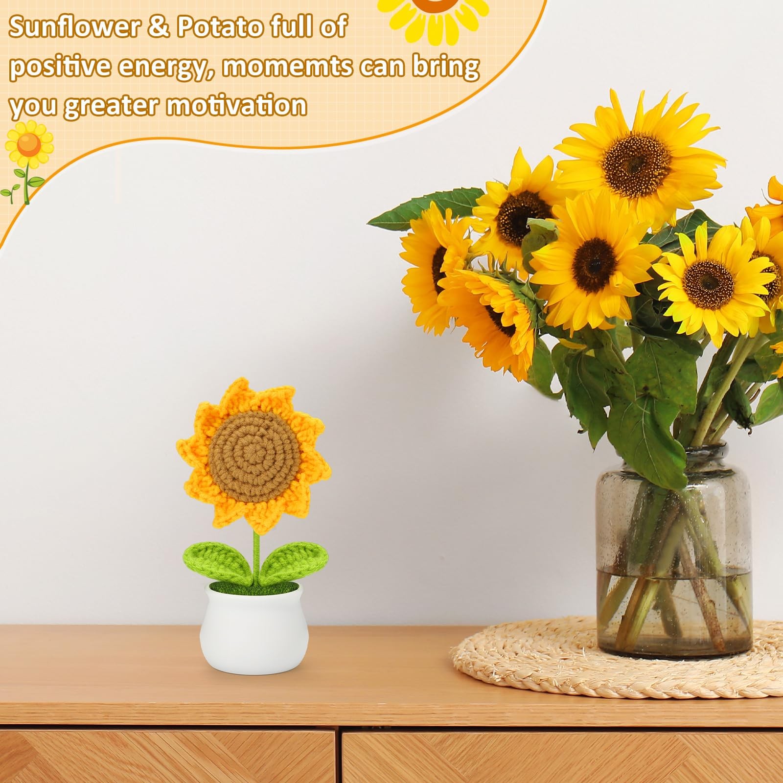 Crochet Flowers Sunflower for Home Office Desk Decor, Funny Crochet Sunflower…