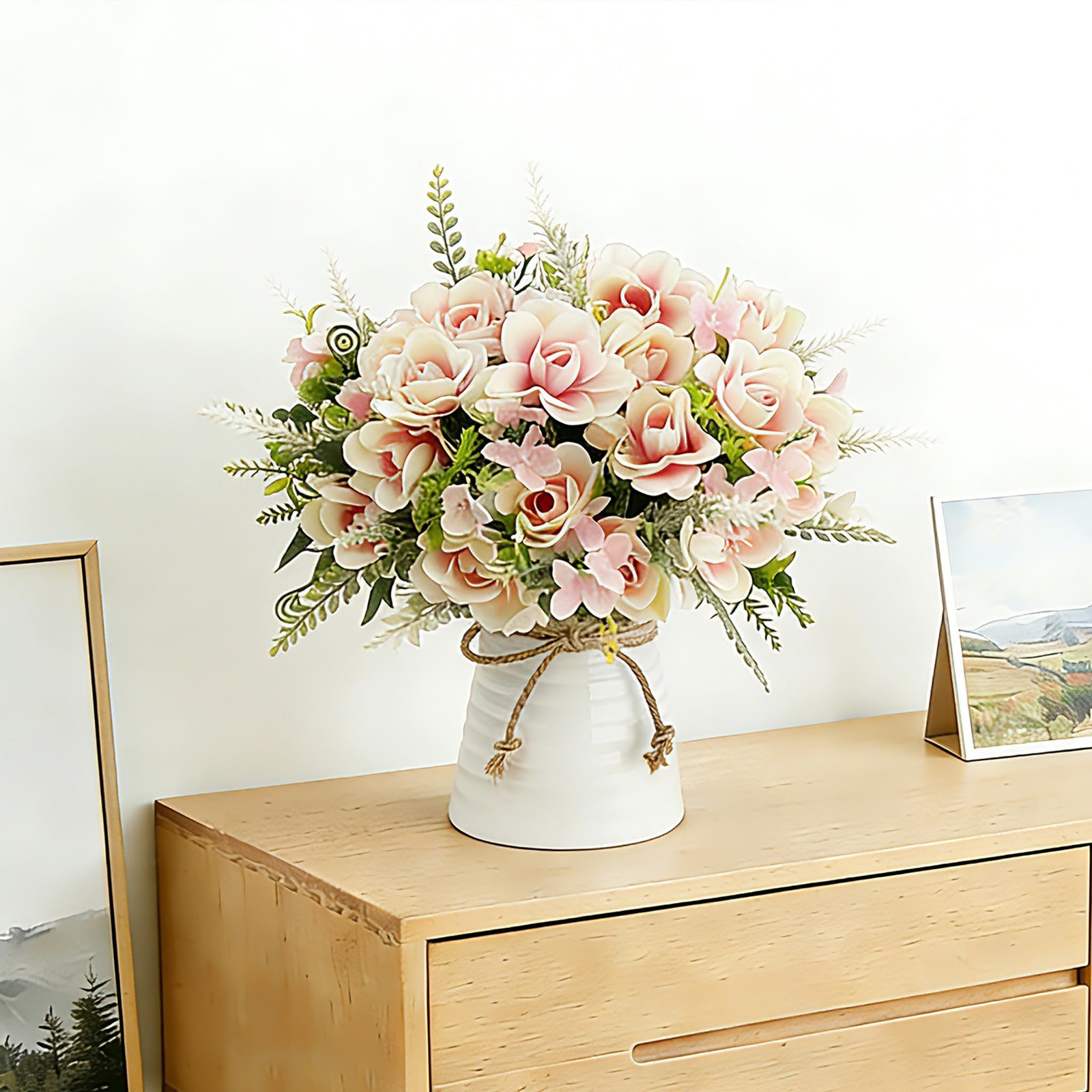 Pink Fake Silk Gardenia Artificial Flower Vase Table Centerpiece Decor Office