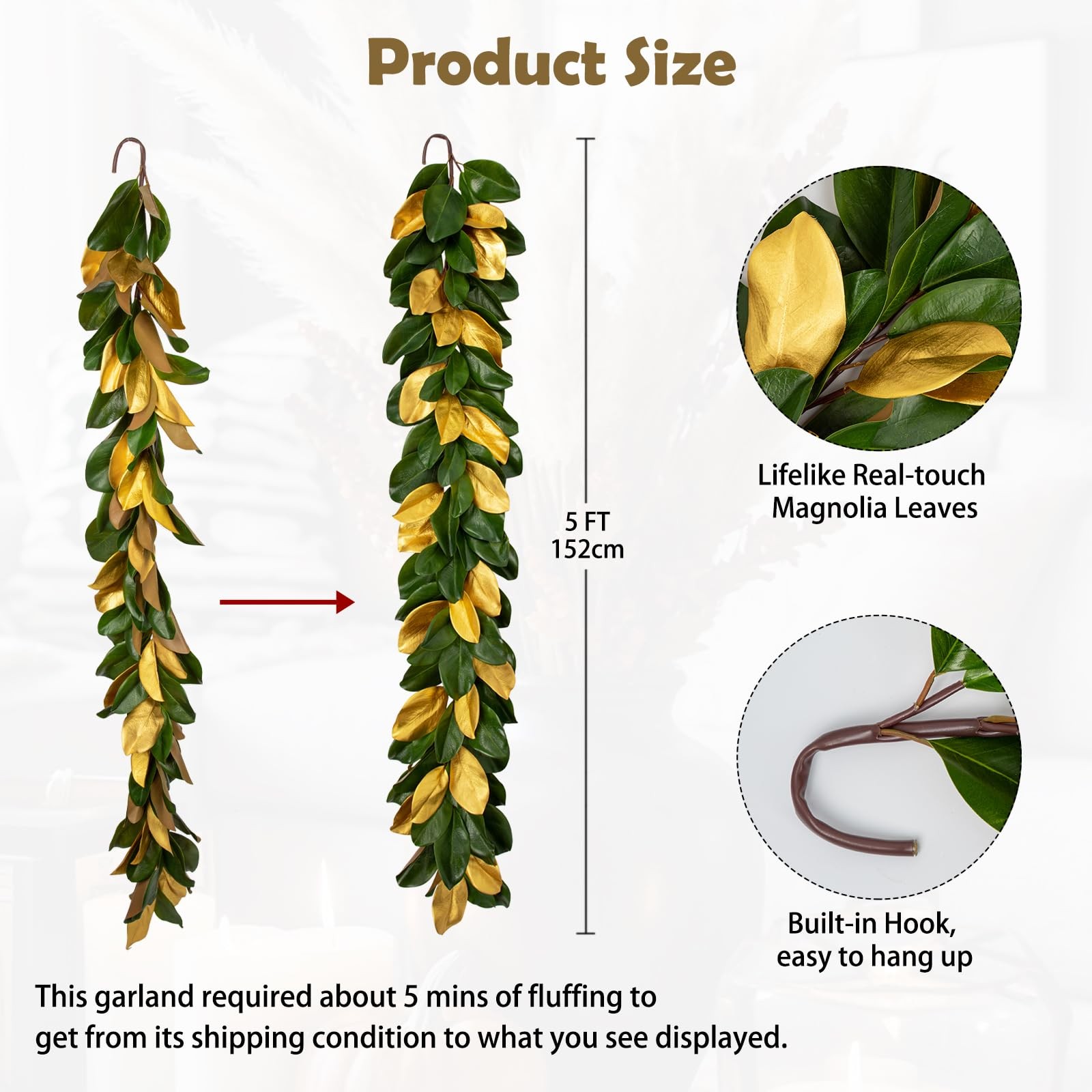 5 Feet Artificial Christmas Garland Fake Gold and Green Magnolia Leave Garlan…