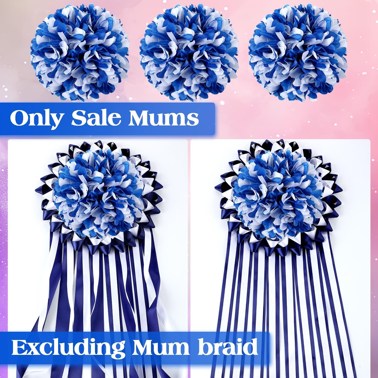 3 PCS Blue White Homecoming Mum Flowers 6.5 Silk Artificial 21 Layers Kit